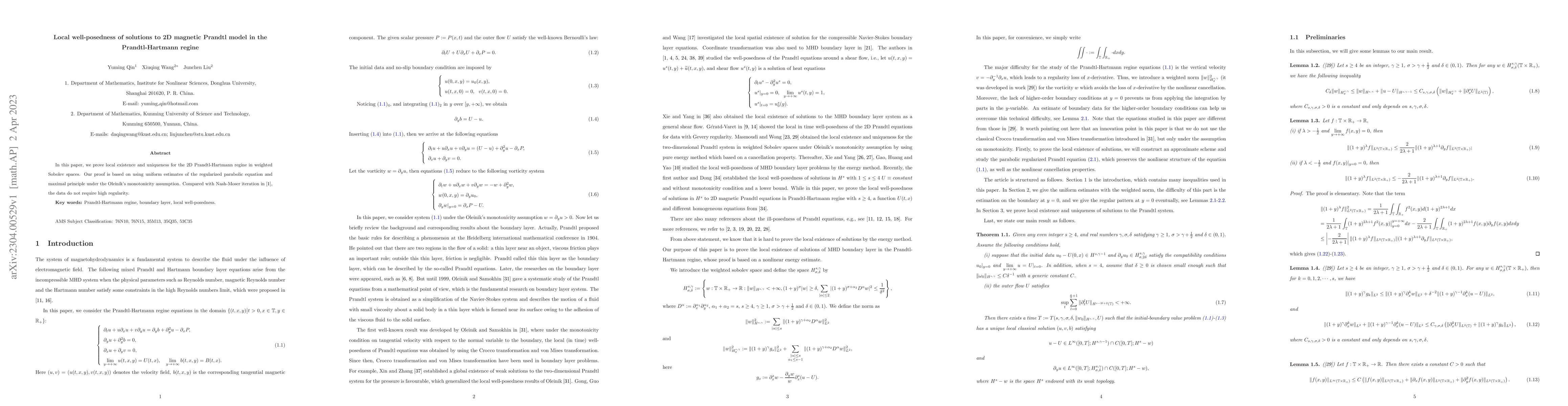 Thumbnail for Local well-posedness of solutions to 2D magnetic Prandtl model in the
  Prandtl-Hartmann regine