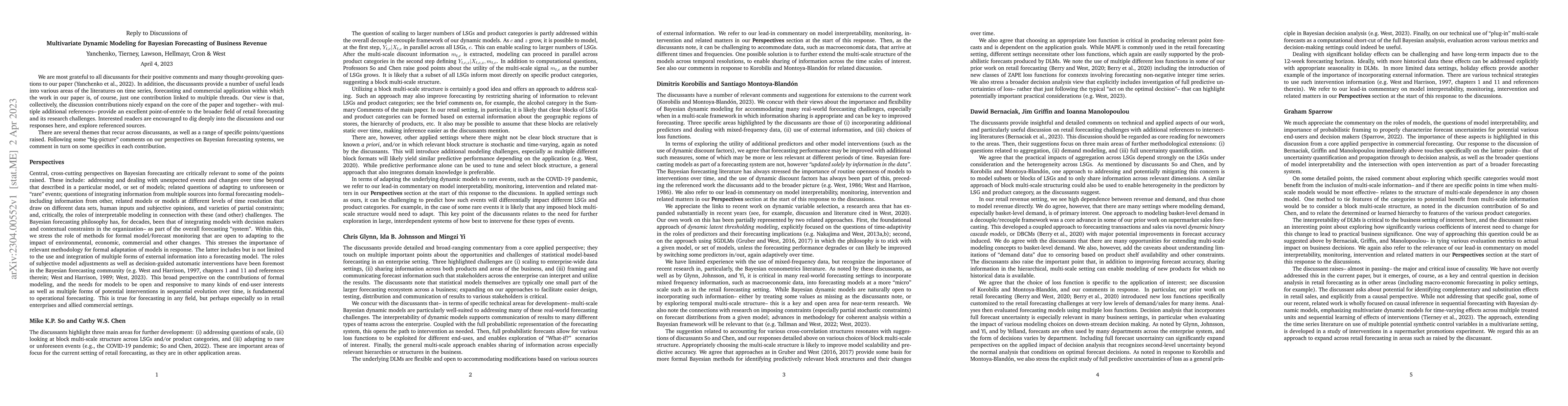 Thumbnail for Reply to Discussions of "Multivariate Dynamic Modeling for Bayesian
  Forecasting of Business Revenue"