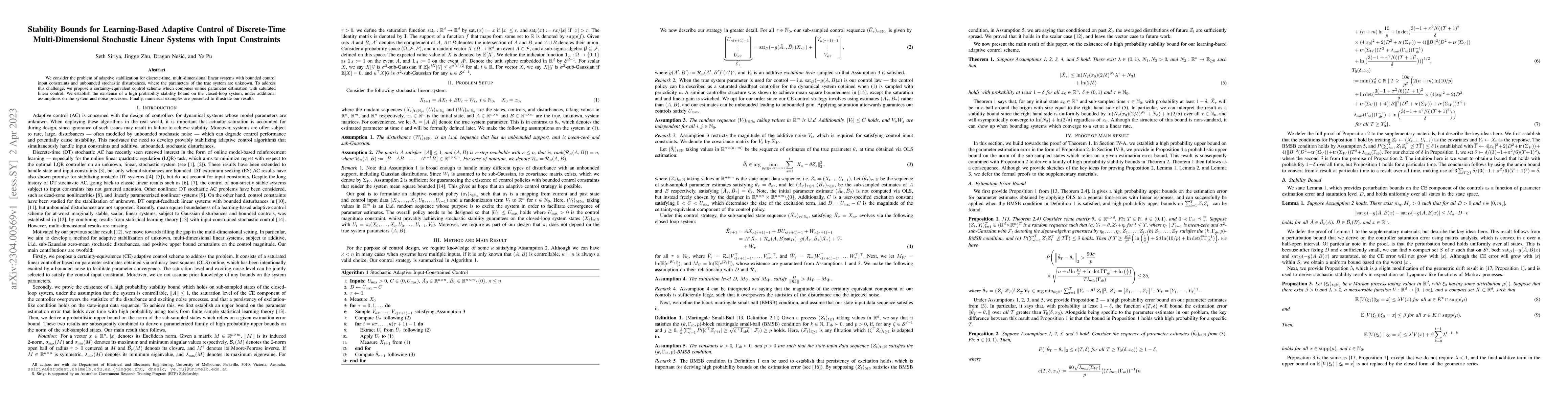 Thumbnail for Stability Bounds for Learning-Based Adaptive Control of Discrete-Time
  Multi-Dimensional Stochastic Linear Systems with Input Constraints