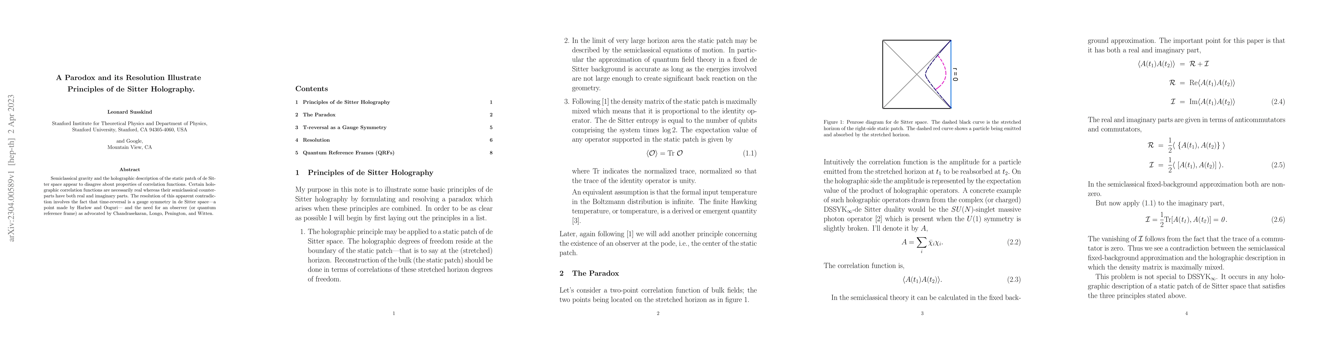 Thumbnail for A Paradox and its Resolution Illustrate Principles of de Sitter
  Holography