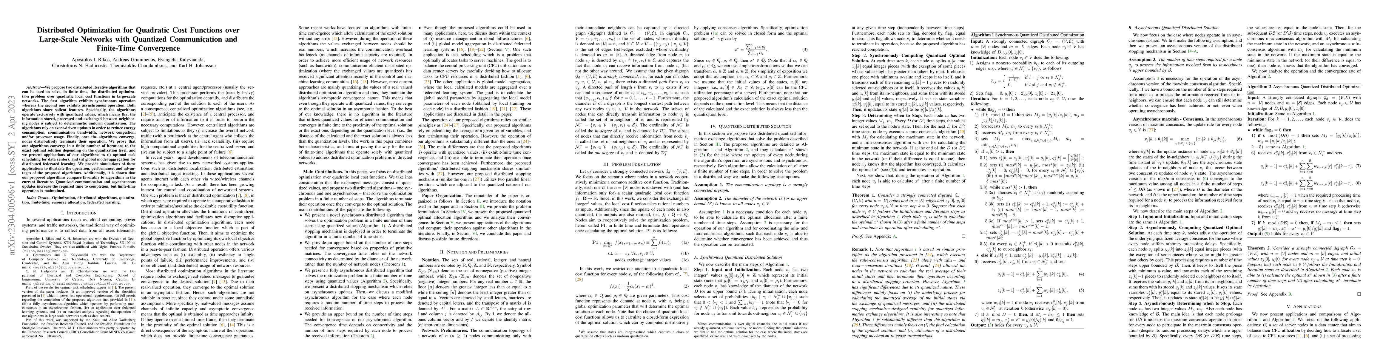 Thumbnail for Distributed Optimization for Quadratic Cost Functions over Large-Scale
  Networks with Quantized Communication and Finite-Time Convergence