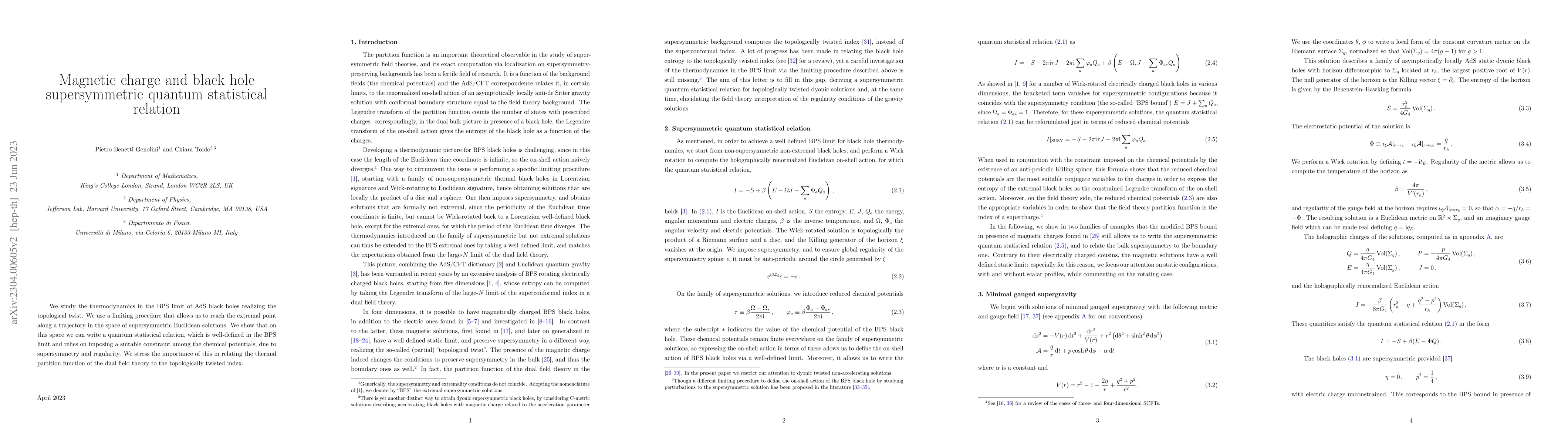 Thumbnail for Magnetic charge and black hole supersymmetric quantum statistical
  relation