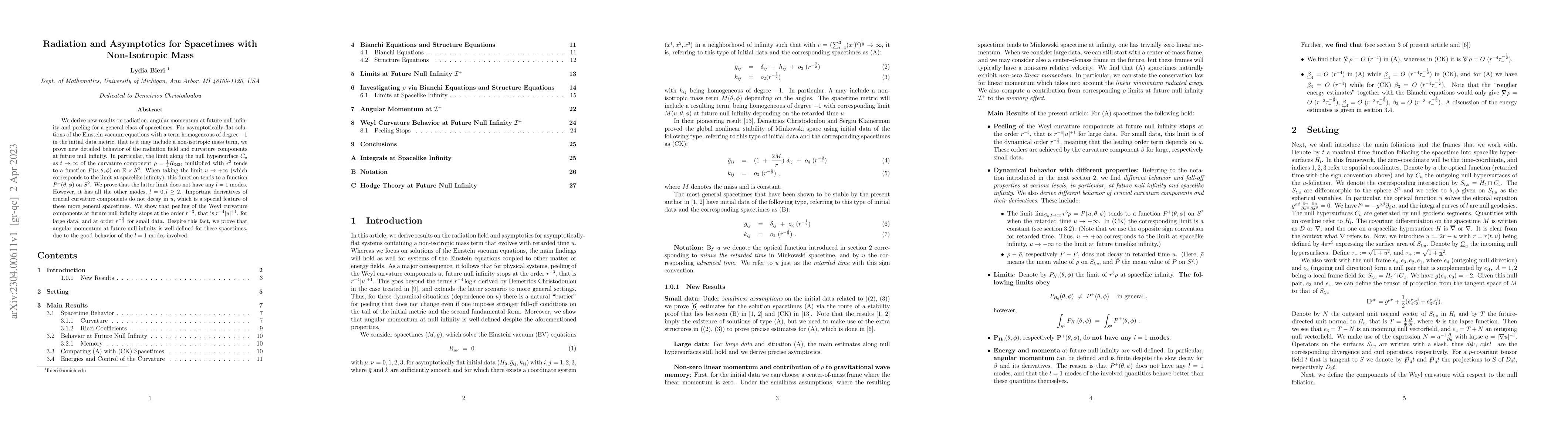 Thumbnail for Radiation and Asymptotics for Spacetimes with Non-Isotropic Mass