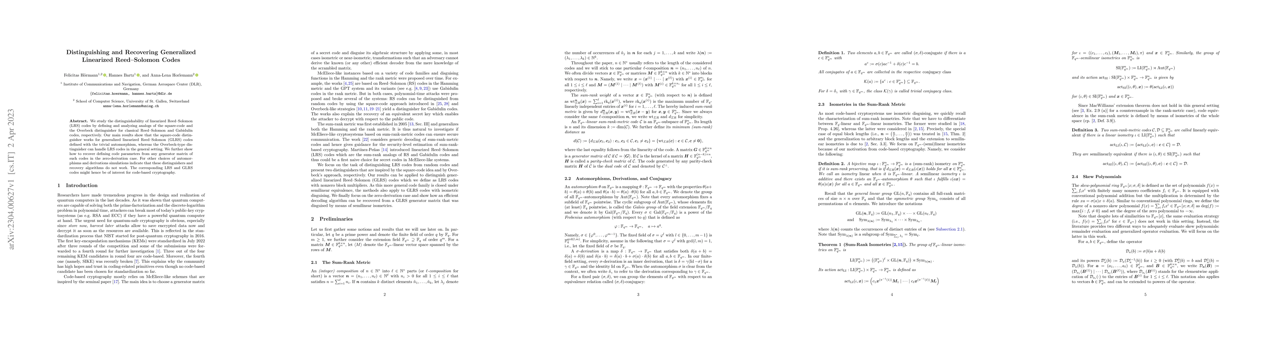 Thumbnail for Distinguishing and Recovering Generalized Linearized Reed-Solomon Codes
