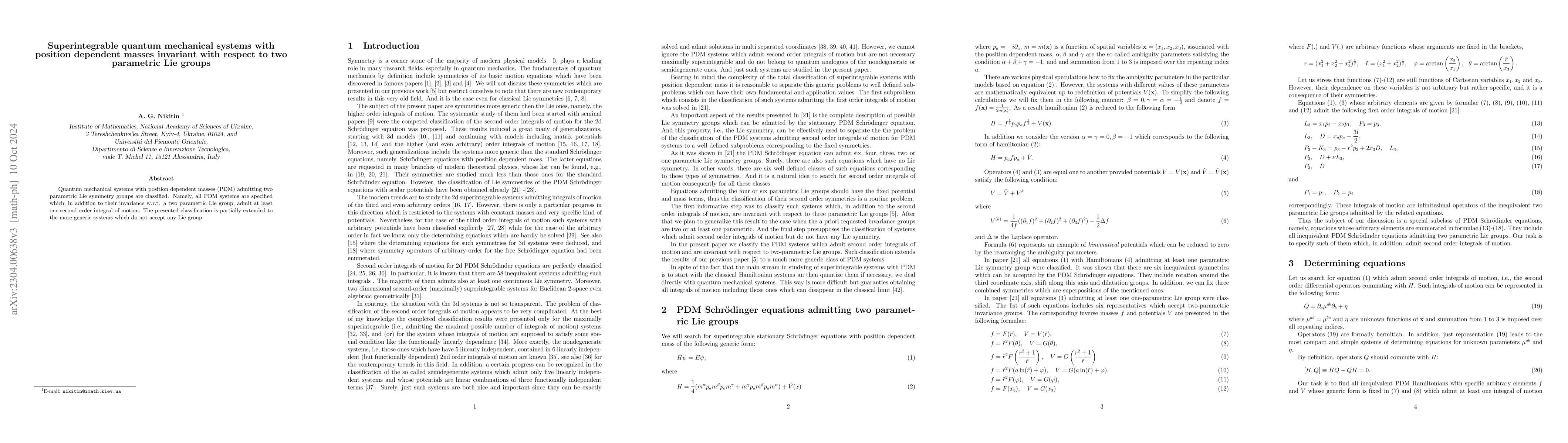 Thumbnail for Superintegrable quantum mechanical systems with position dependent
  masses invariant with respect to two parametric Lie groups
