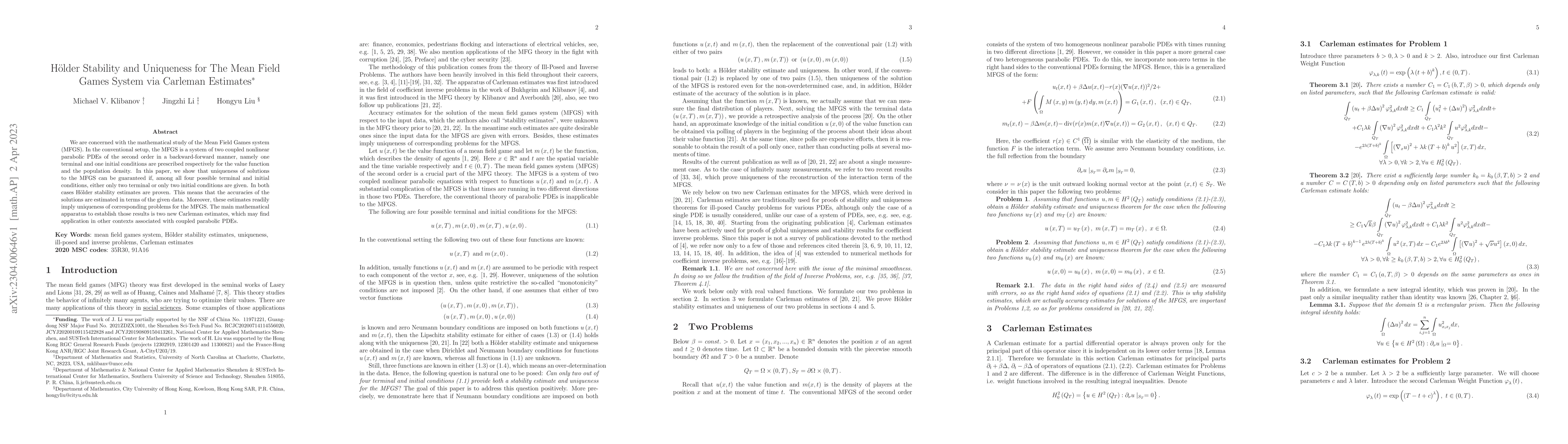 Thumbnail for H\"older Stability and Uniqueness for The Mean Field Games System via
  Carleman Estimates
