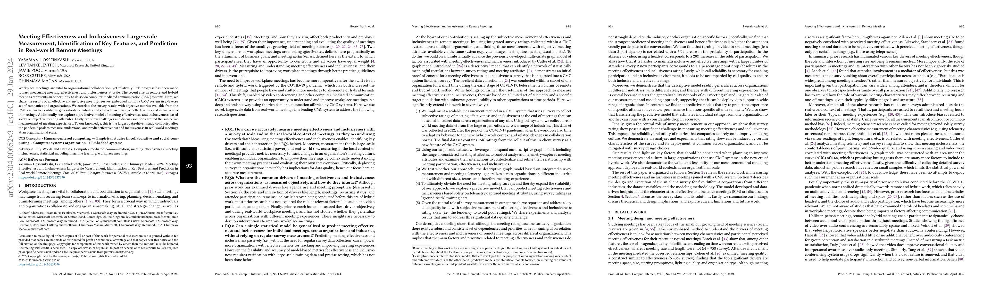 Thumbnail for Meeting effectiveness and inclusiveness: large-scale measurement,
  identification of key features, and prediction in real-world remote meetings