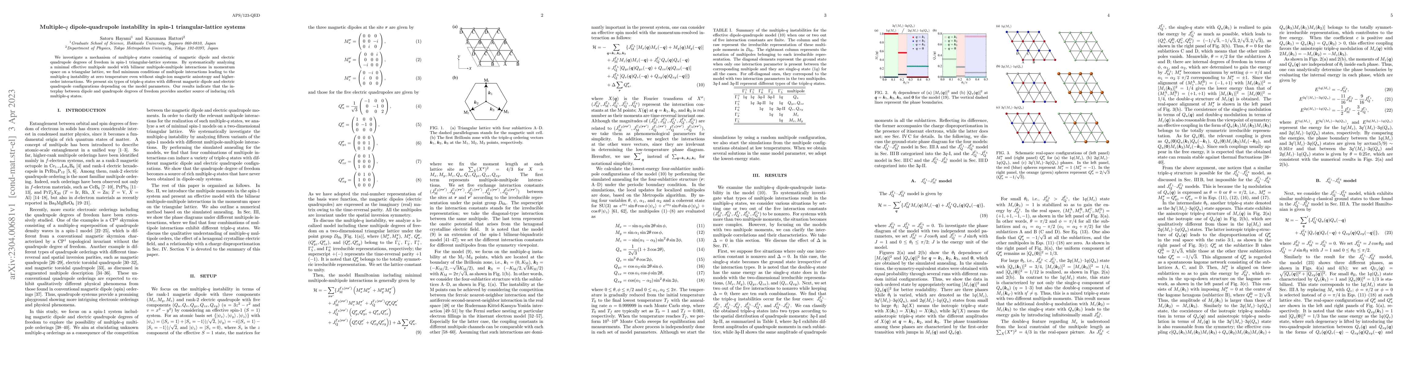 Thumbnail for Multiple-$q$ dipole-quadrupole instability in spin-1 triangular-lattice
  systems