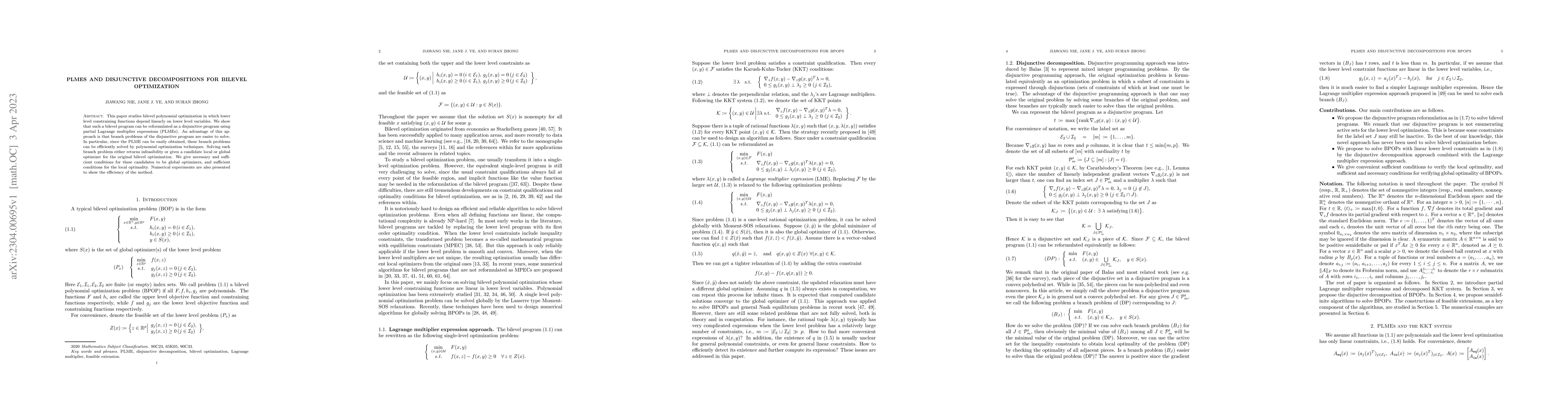 Thumbnail for PLMEs and Disjunctive Decompositions for Bilevel Optimization