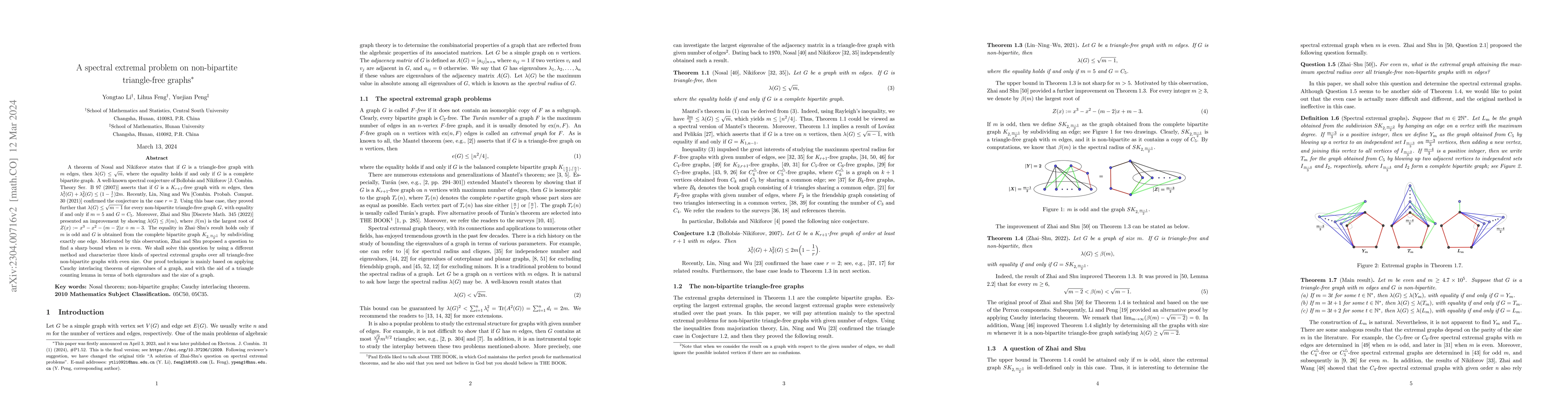 Thumbnail for A spectral extremal problem on non-bipartite triangle-free graphs