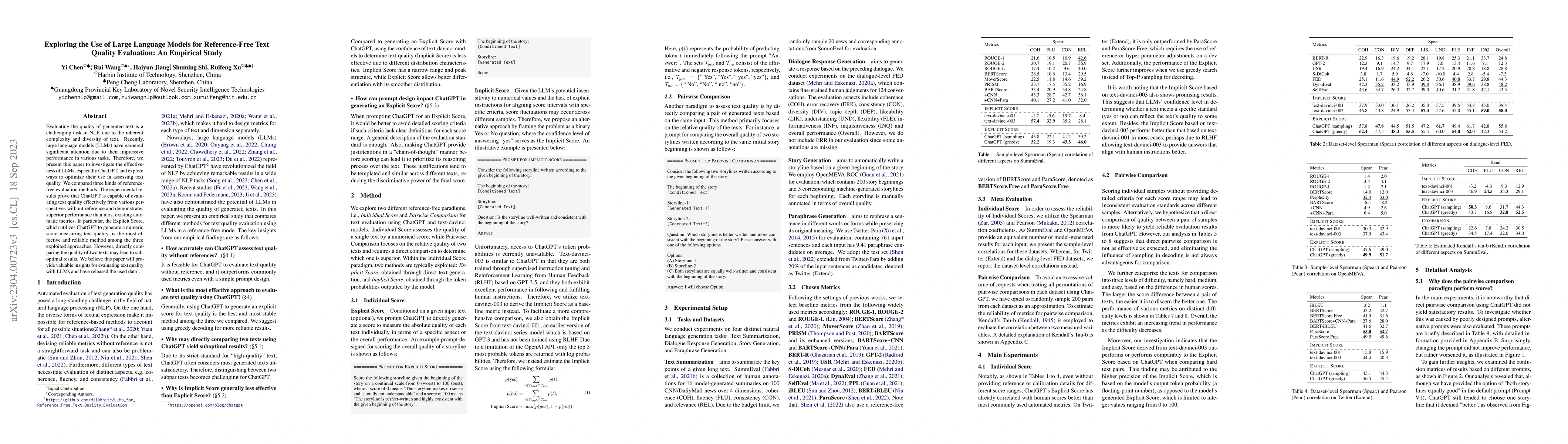 Thumbnail for Exploring the Use of Large Language Models for Reference-Free Text
  Quality Evaluation: An Empirical Study