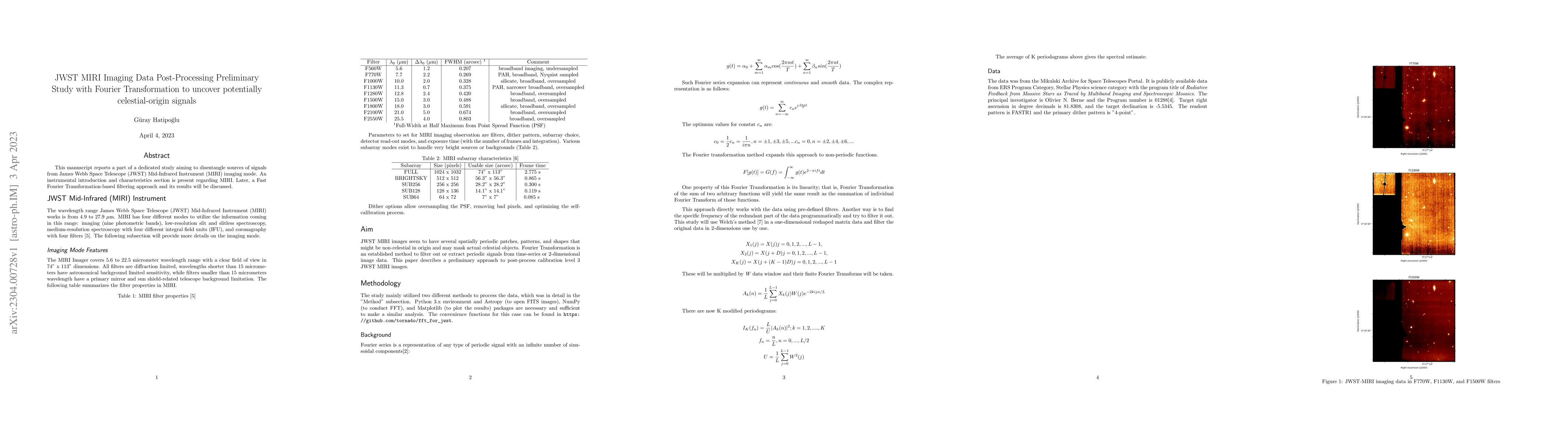 Thumbnail for JWST MIRI Imaging Data Post-Processing Preliminary Study with Fourier
  Transformation to uncover potentially celestial-origin signals