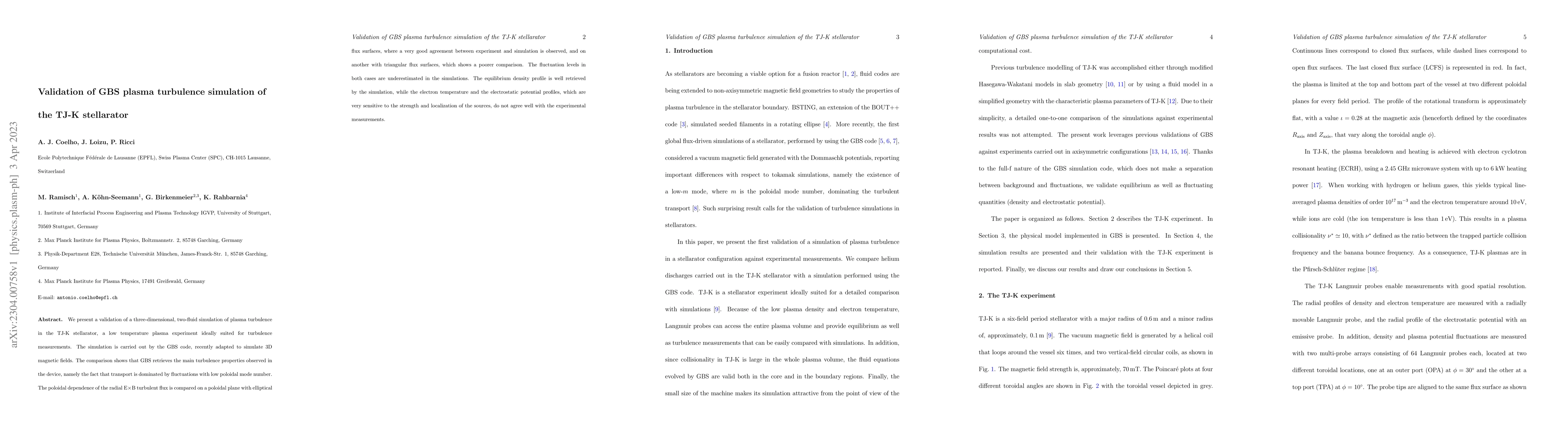 Thumbnail for Validation of GBS plasma turbulence simulation of the TJ-K stellarator