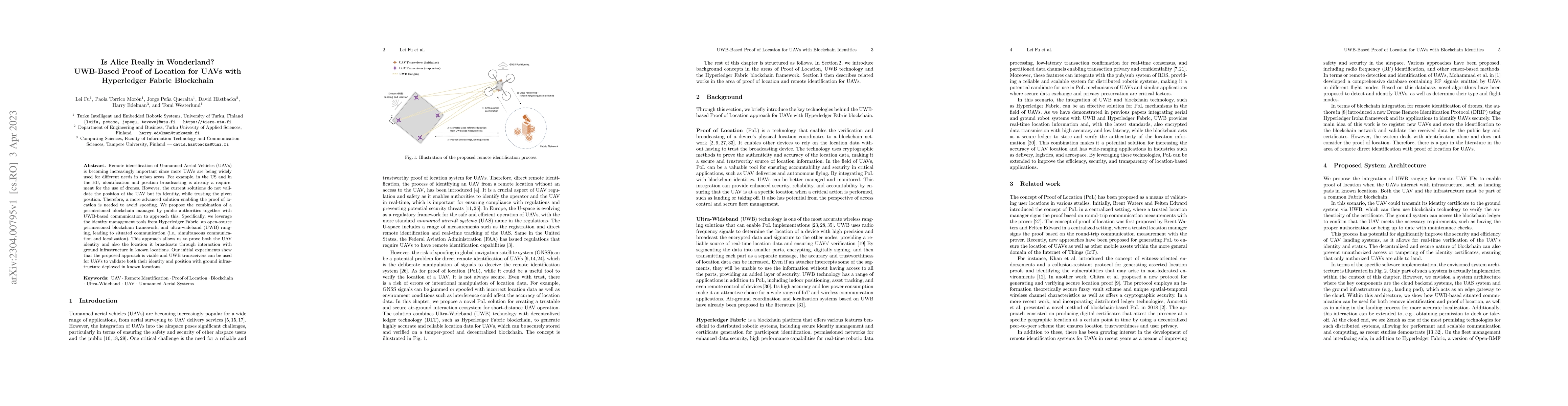 Thumbnail for Is Alice Really in Wonderland? UWB-Based Proof of Location for UAVs with
  Hyperledger Fabric Blockchain
