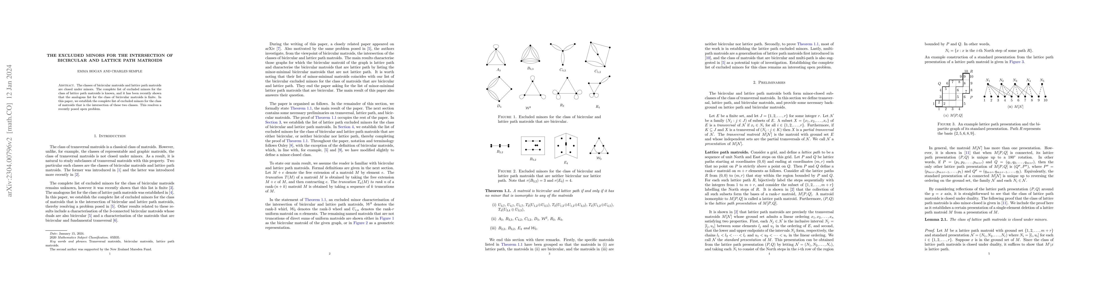 Thumbnail for The excluded minors for the intersection of bicircular and lattice path
  matroids