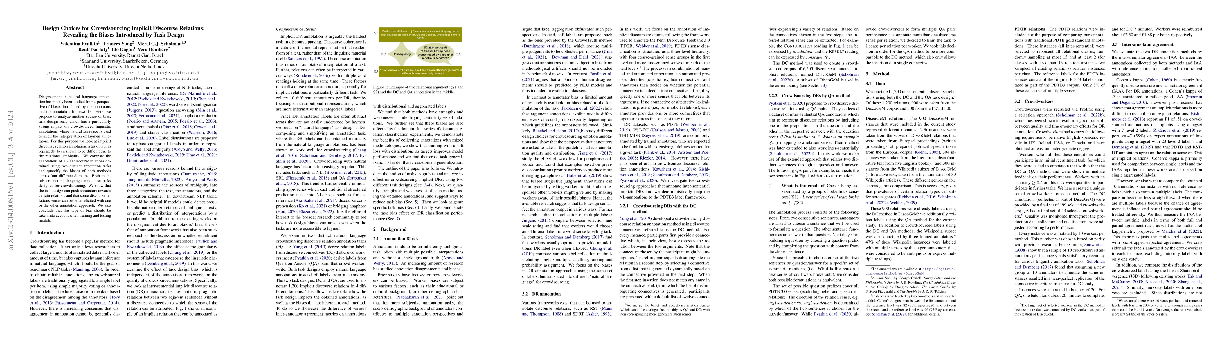 Thumbnail for Design Choices for Crowdsourcing Implicit Discourse Relations: Revealing
  the Biases Introduced by Task Design
