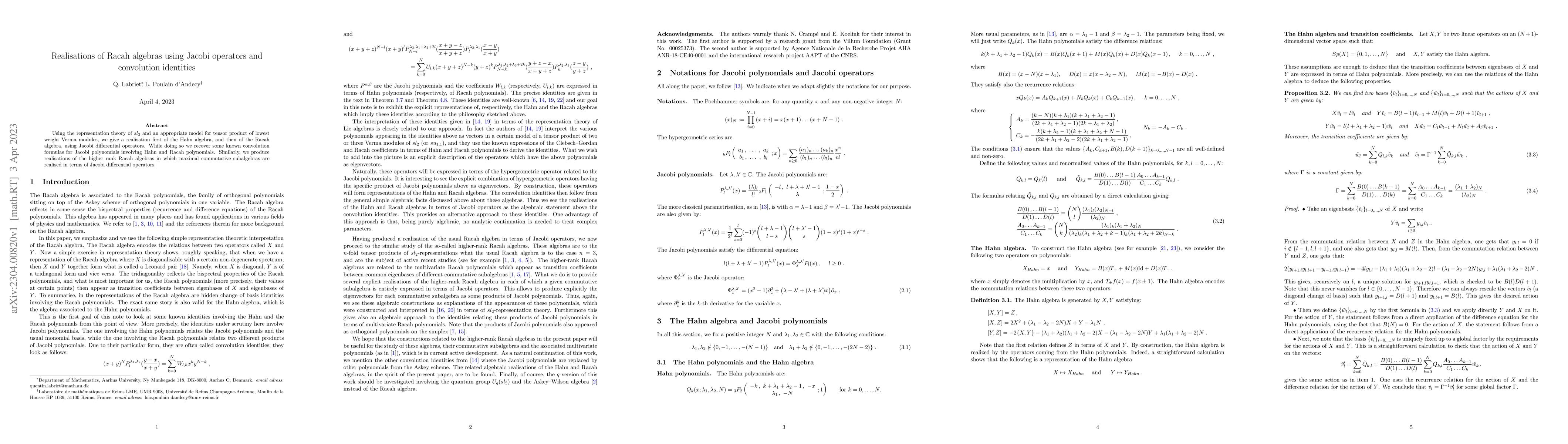 Thumbnail for Realisations of Racah algebras using Jacobi operators and convolution
  identities