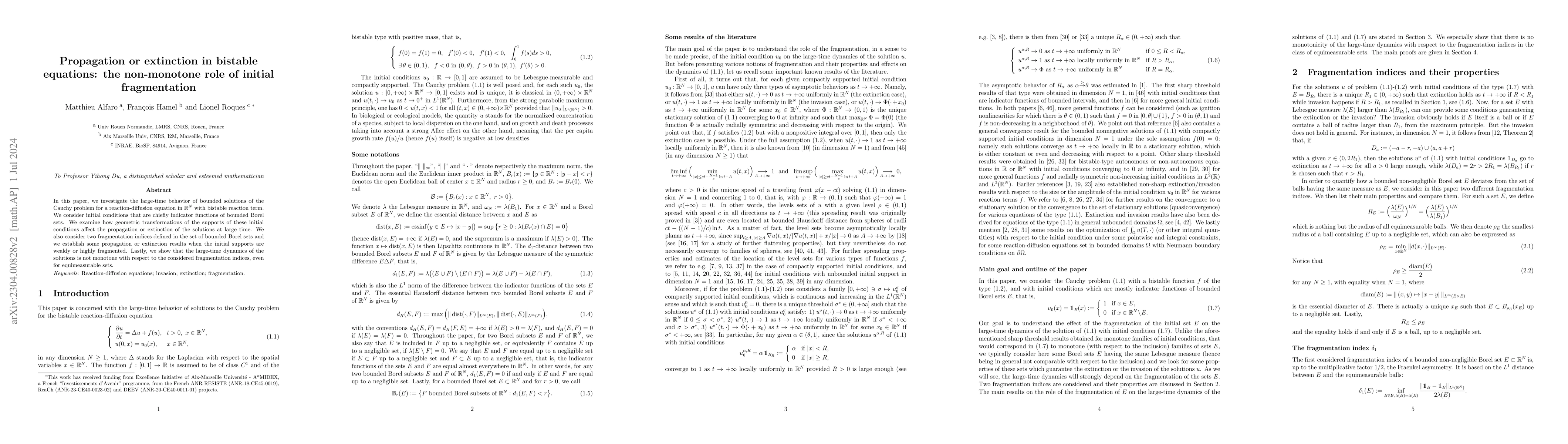 Thumbnail for Propagation or extinction in bistable equations: the non-monotone role
  of initial fragmentation