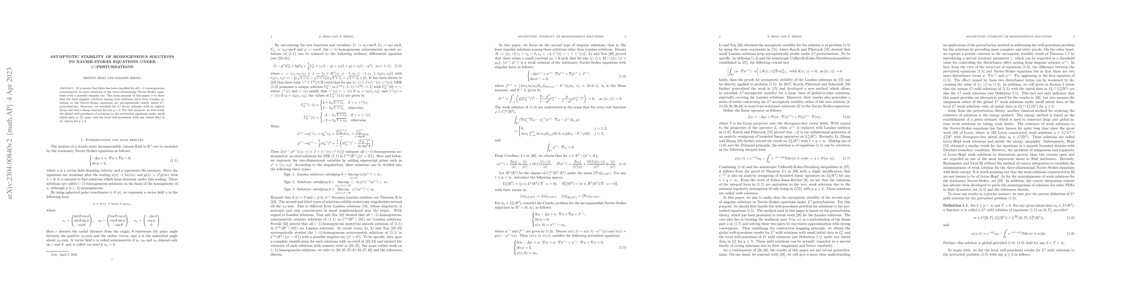 Thumbnail for Asymptotic stability of homogeneous solutions to Navier-Stokes equations
  under $L^{p}$-perturbations