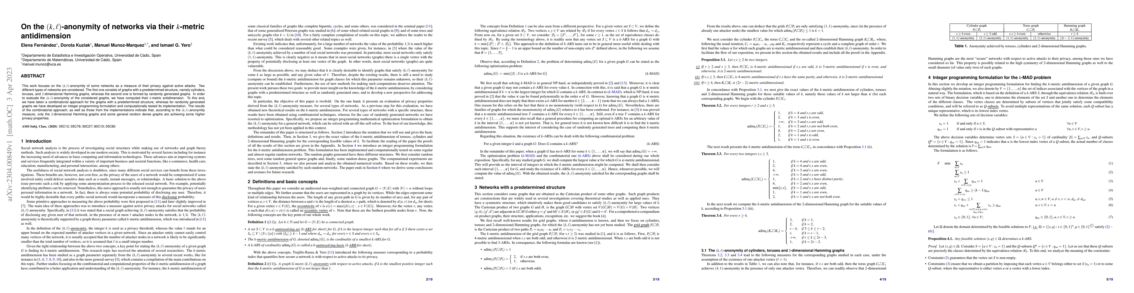 Thumbnail for On the (k,l)-anonymity of networks via their $k$-metric antidimension