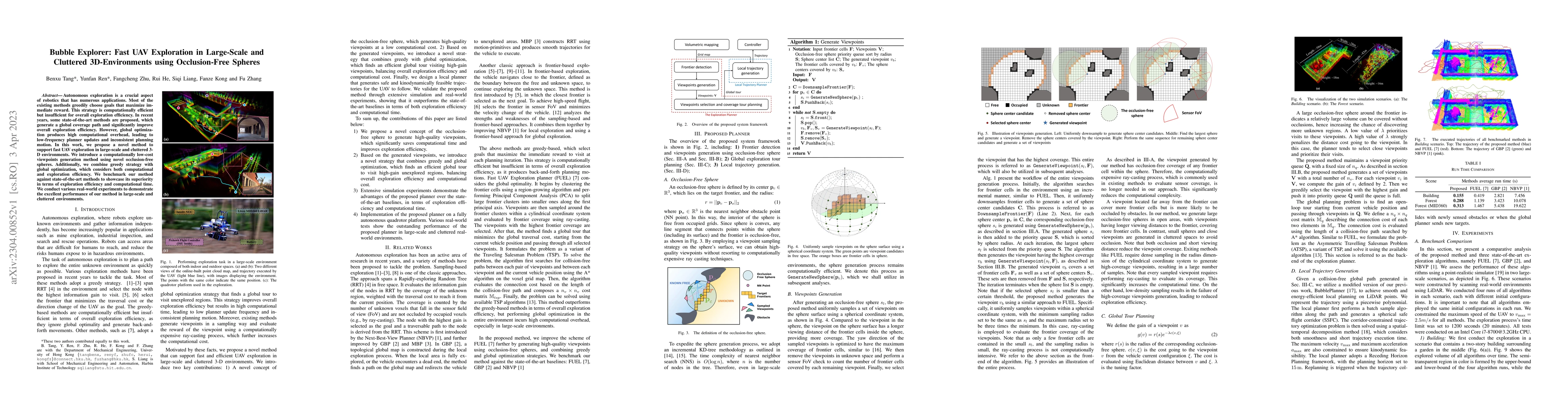 Thumbnail for Bubble Explorer: Fast UAV Exploration in Large-Scale and Cluttered
  3D-Environments using Occlusion-Free Spheres