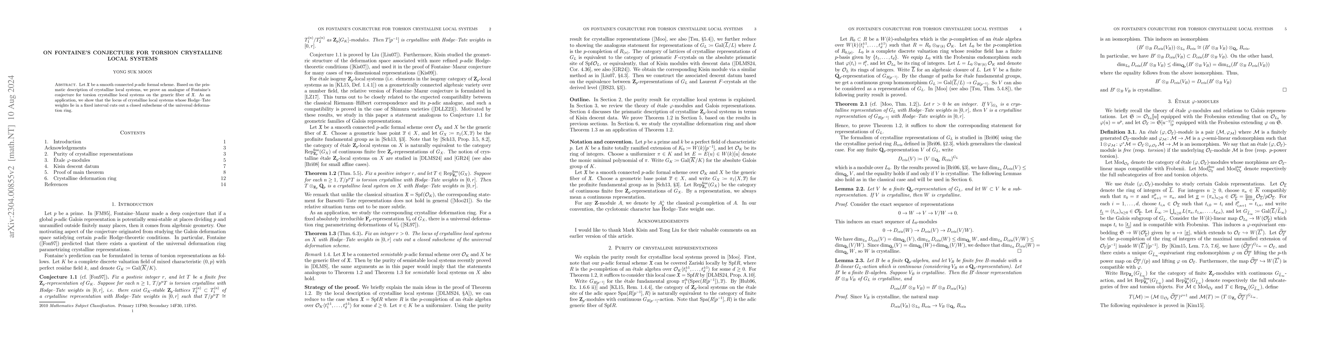 Thumbnail for On Fontaine's conjecture for torsion crystalline local systems