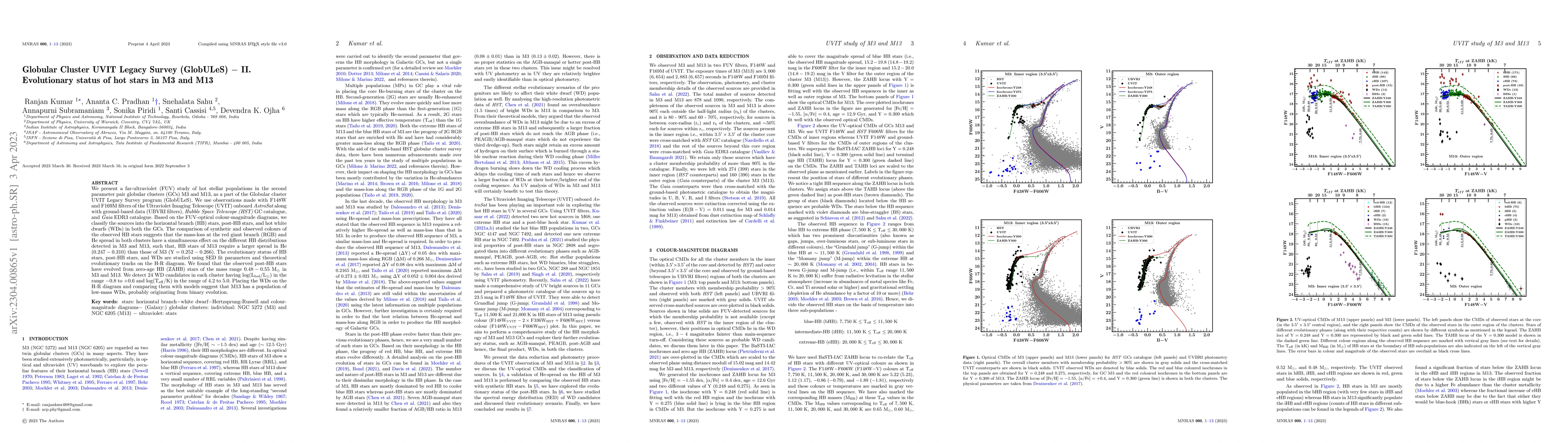 Thumbnail for Globular Cluster UVIT Legacy Survey (GlobULeS) $-$ II. Evolutionary
  status of hot stars in M3 and M13