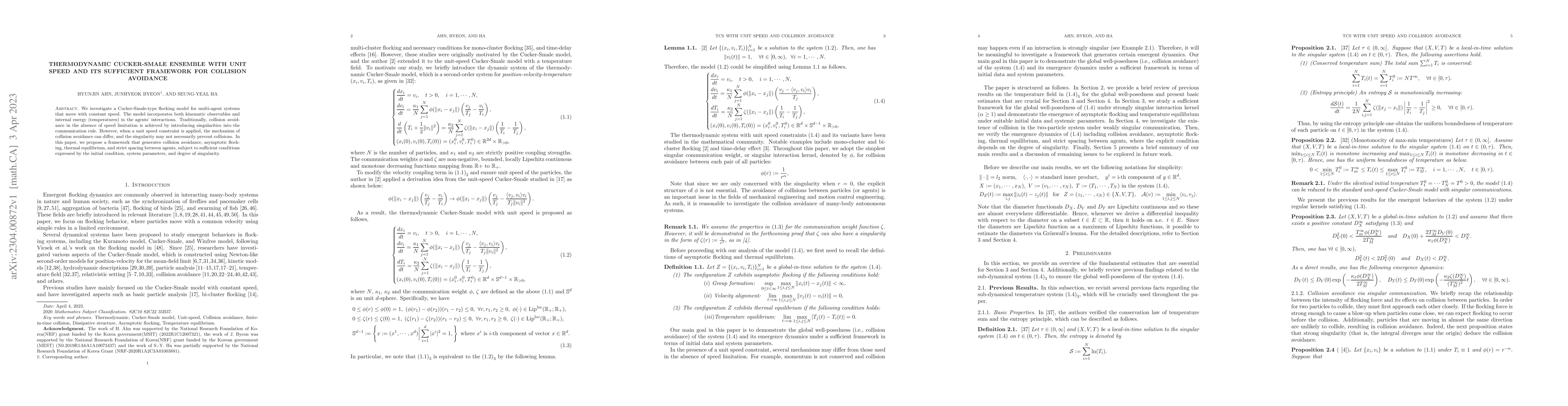 Thumbnail for Thermodynamic Cucker-Smale ensemble with unit speed and its sufficient
  framework for collision avoidance