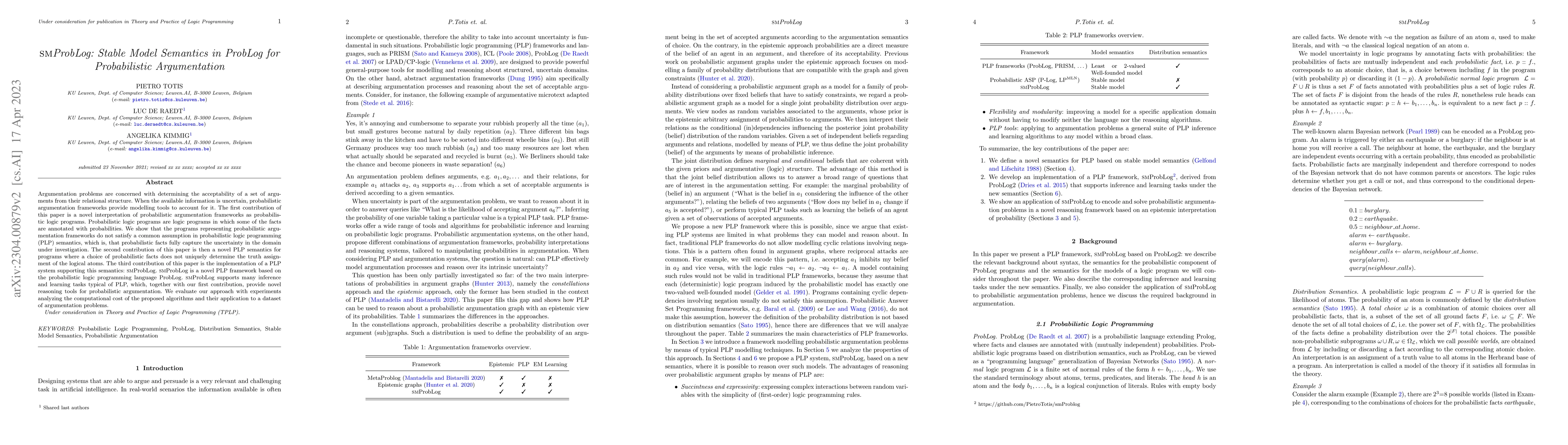 Thumbnail for smProbLog: Stable Model Semantics in ProbLog for Probabilistic
  Argumentation