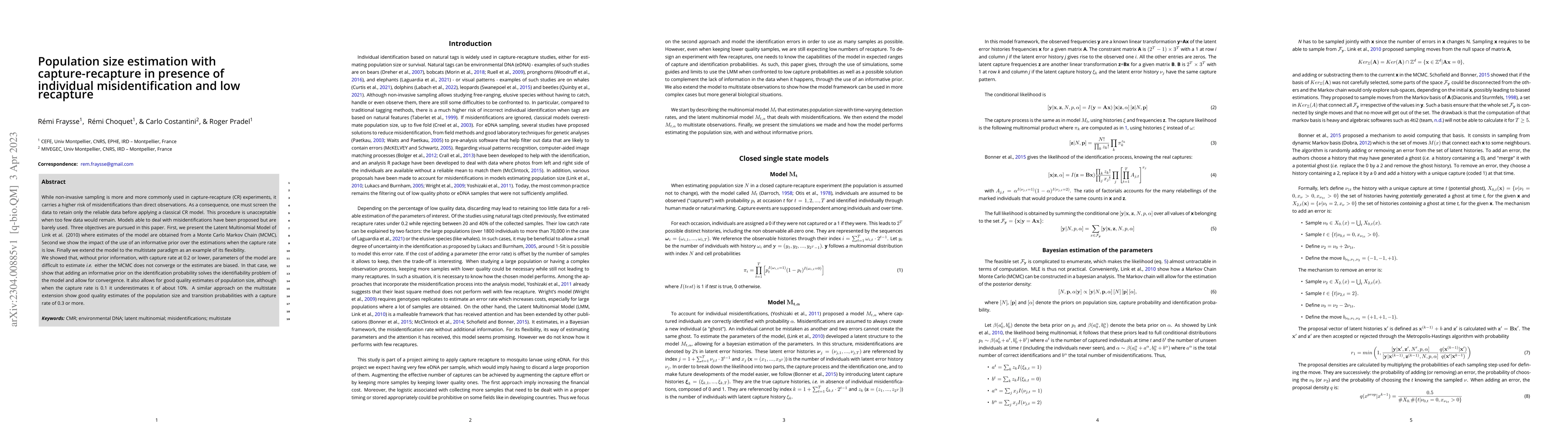 Thumbnail for Population size estimation with capture-recapture in presence of
  individual misidentification and low recapture