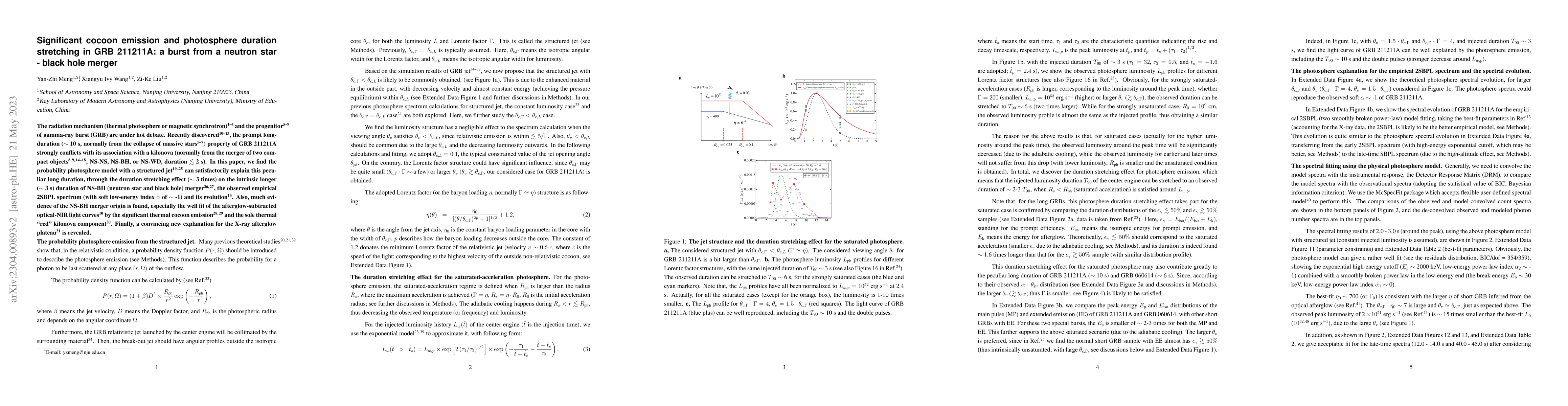 Thumbnail for Significant cocoon emission and photosphere duration stretching in GRB
  211211A: a burst from a neutron star - black hole merger
