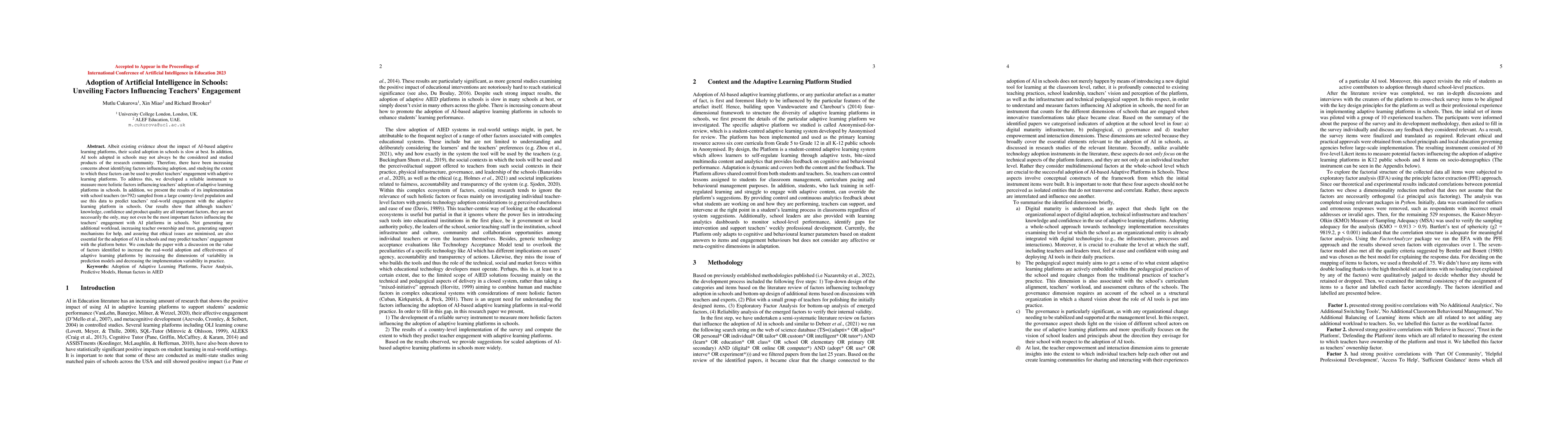 Thumbnail for Adoption of Artificial Intelligence in Schools: Unveiling Factors
  Influencing Teachers Engagement