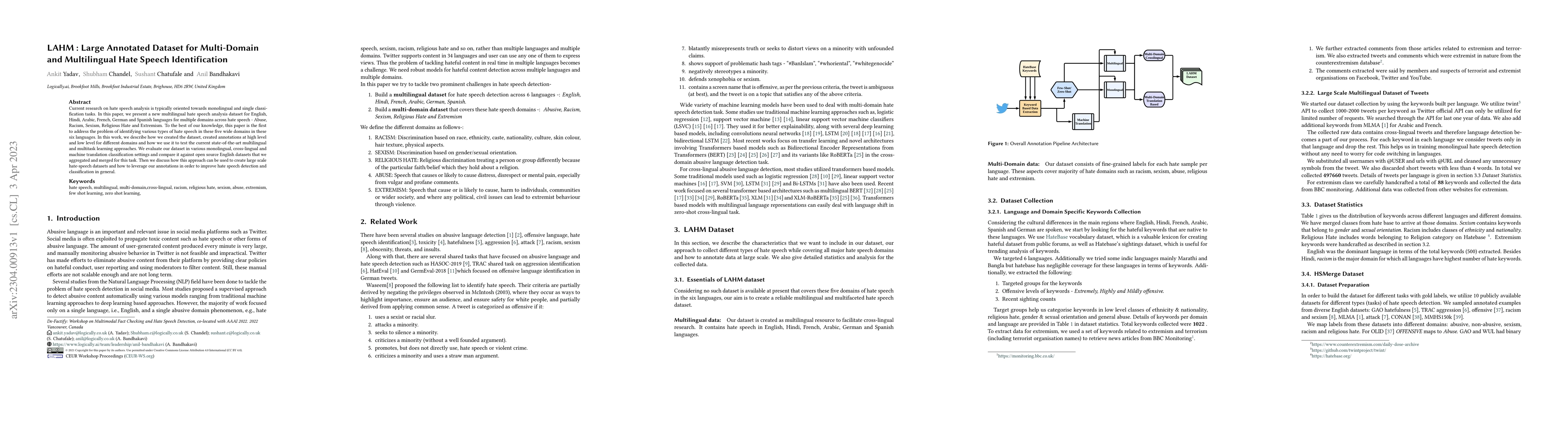 Thumbnail for LAHM : Large Annotated Dataset for Multi-Domain and Multilingual Hate
  Speech Identification