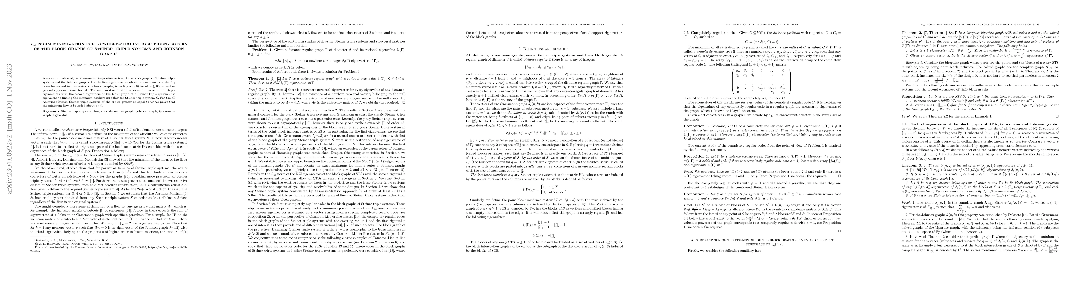 Thumbnail for $L_{\infty}$ norm minimization for nowhere-zero integer eigenvectors of
  the block graphs of Steiner triple systems and Johnson graphs