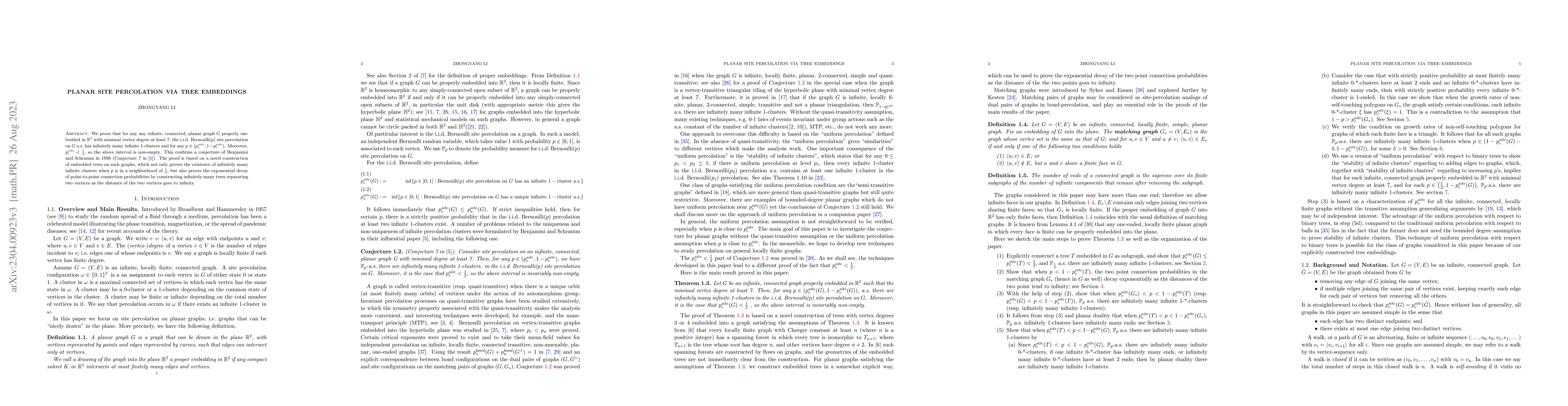 Thumbnail for Planar site percolation via tree embeddings