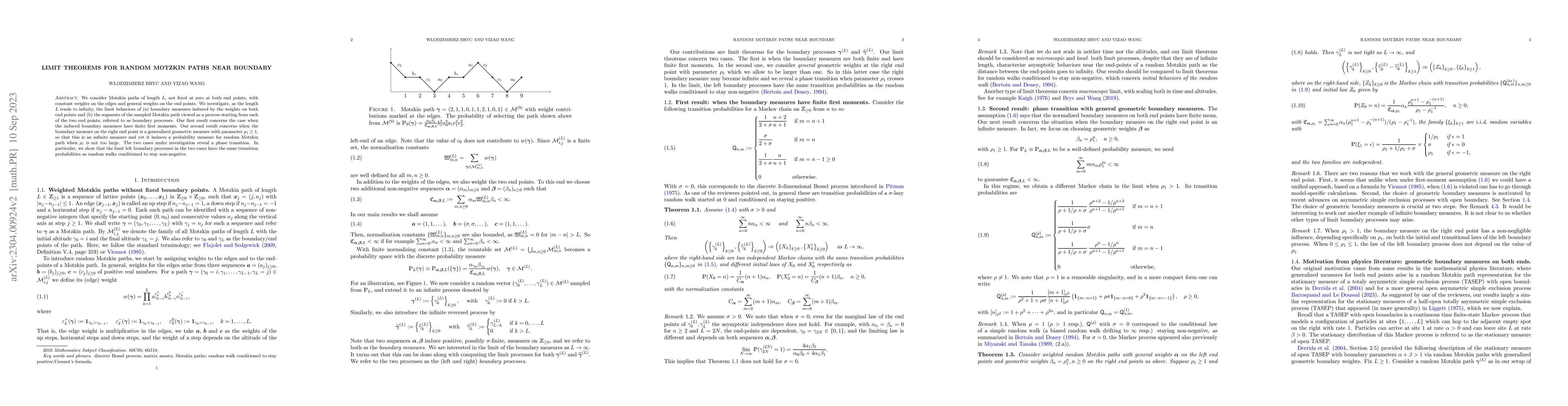 Thumbnail for Limit theorems for random Motzkin paths near boundary