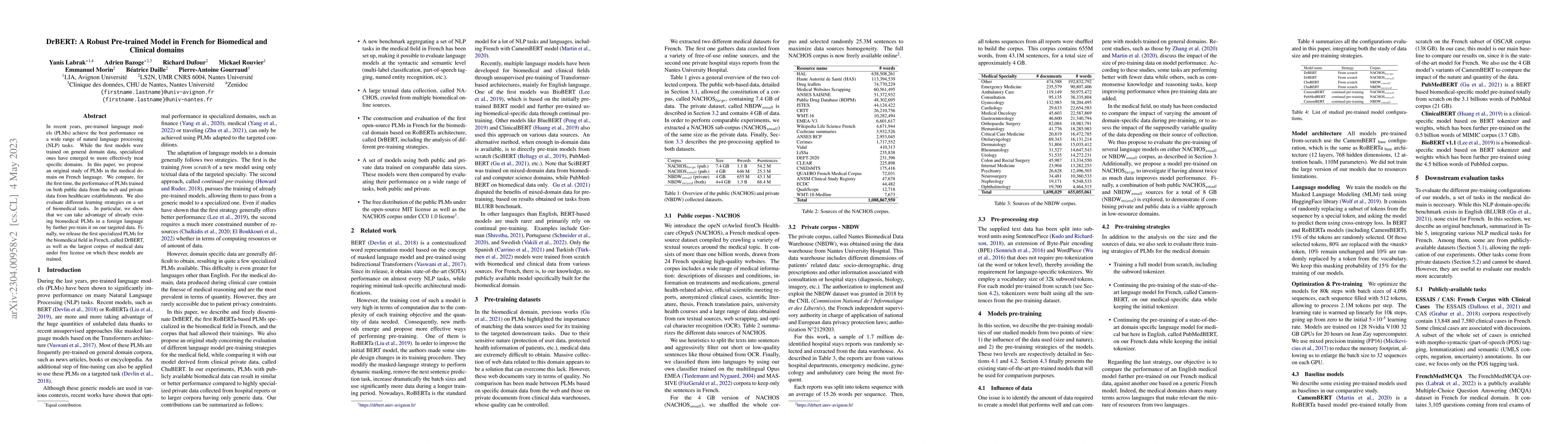 Thumbnail for DrBERT: A Robust Pre-trained Model in French for Biomedical and Clinical
  domains