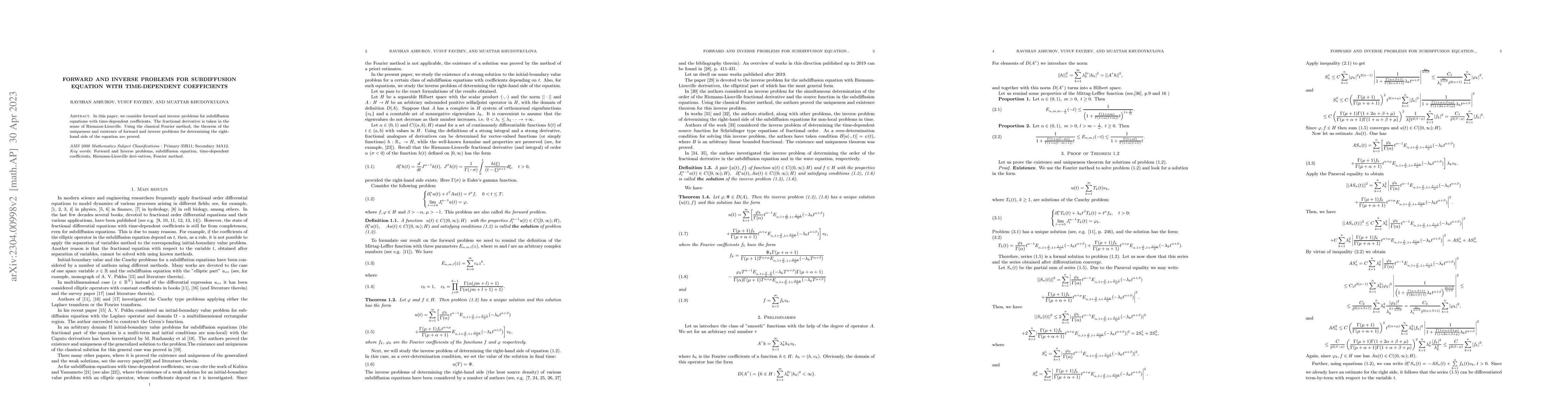 Thumbnail for Forward and Inverse Problems for Subdiffusion Equation with
  Time-Dependent Coefficients