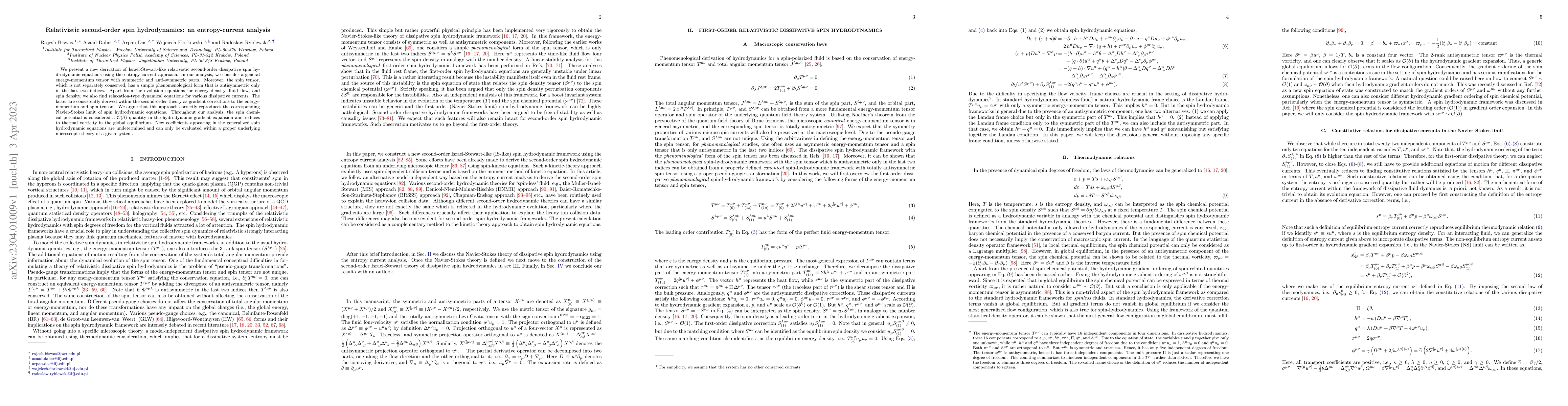Thumbnail for Relativistic second-order spin hydrodynamics: an entropy-current
  analysis