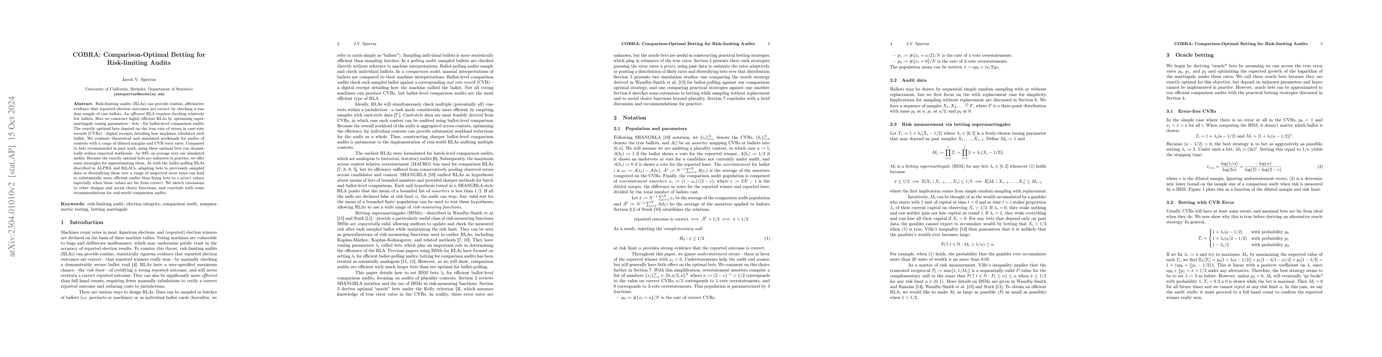Thumbnail for COBRA: Comparison-Optimal Betting for Risk-limiting Audits