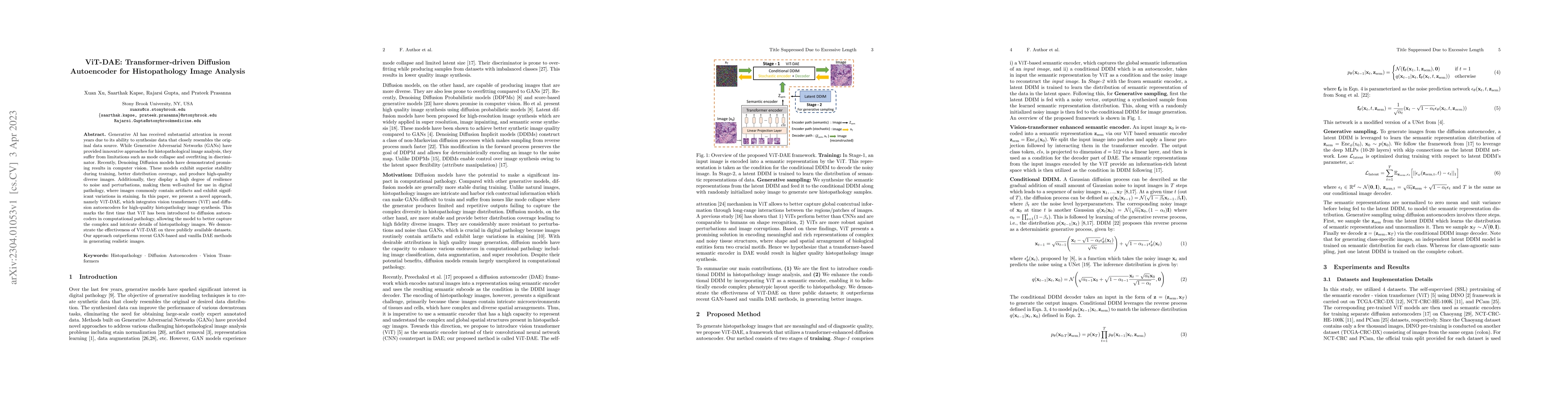 Thumbnail for ViT-DAE: Transformer-driven Diffusion Autoencoder for Histopathology
  Image Analysis