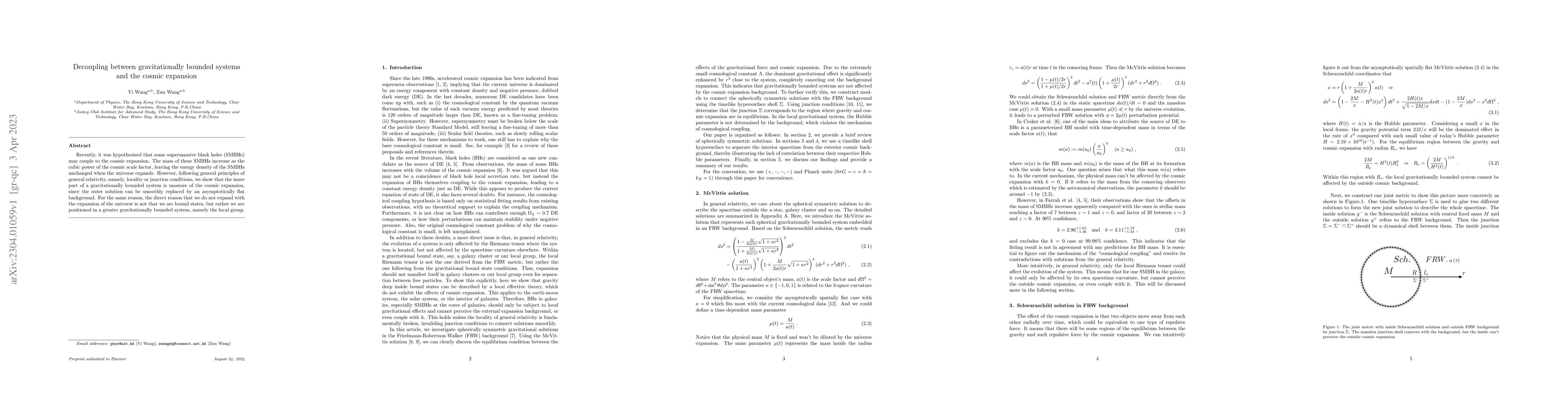 Thumbnail for Decoupling between gravitationally bounded systems and the cosmic
  expansion