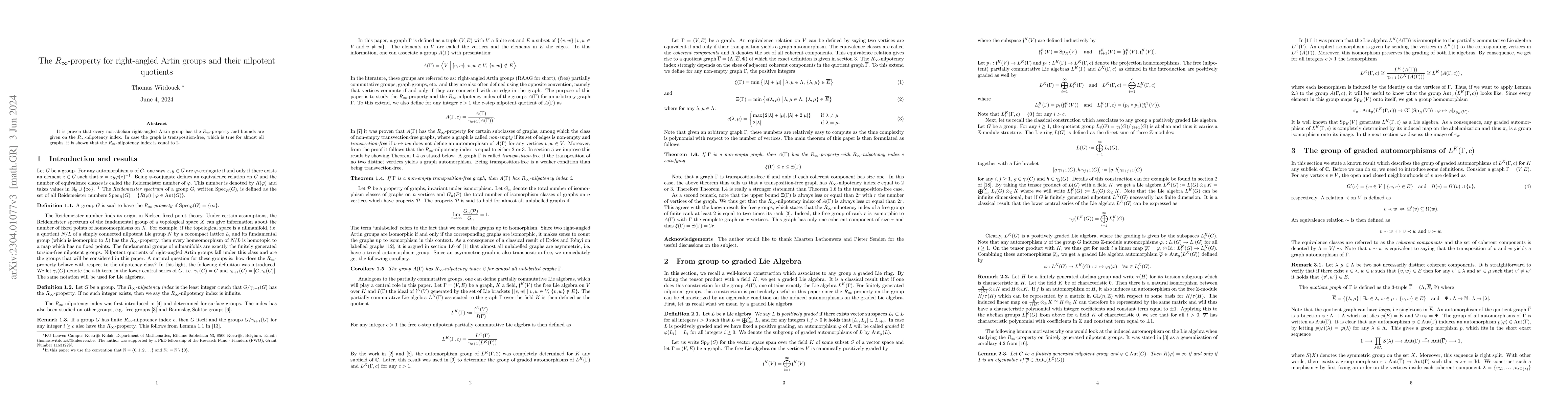 Thumbnail for The $R_\infty$-property for right-angled Artin groups and their
  nilpotent quotients