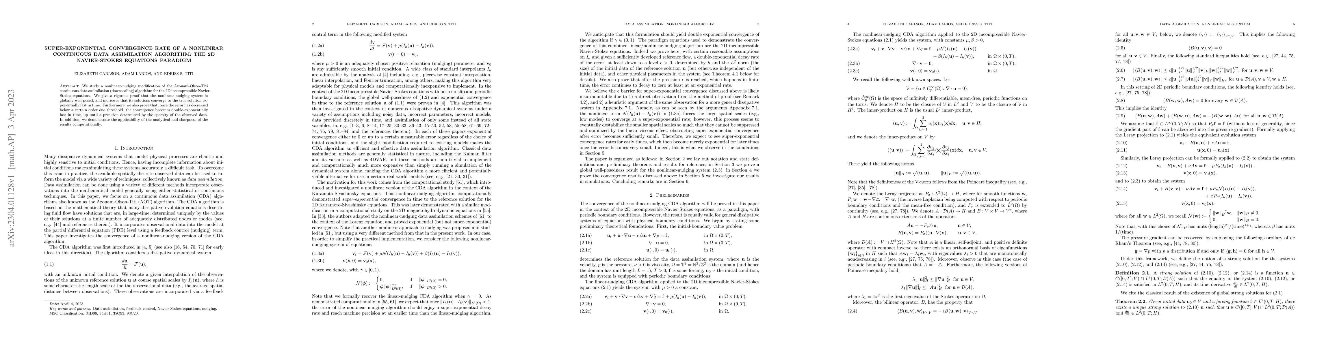 Thumbnail for Super-exponential convergence rate of a nonlinear continuous data
  assimilation algorithm: The 2D Navier-Stokes equations paradigm
