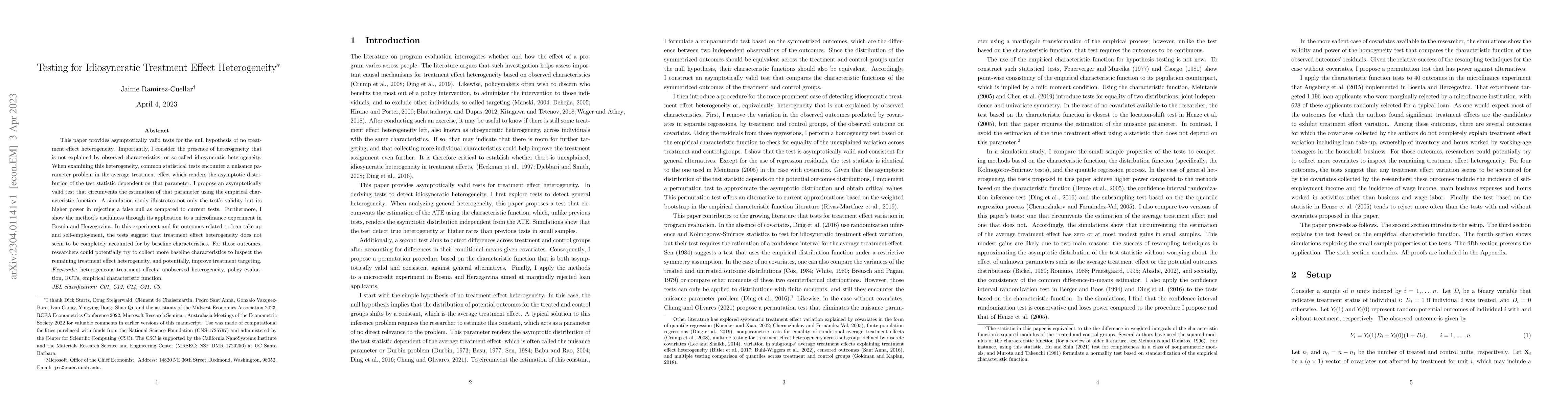 Thumbnail for Testing for idiosyncratic Treatment Effect Heterogeneity