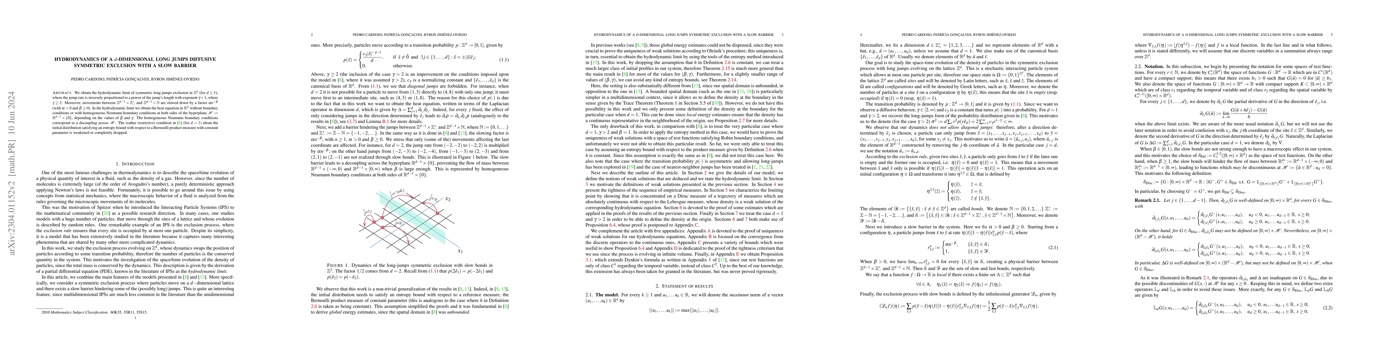 Thumbnail for Hydrodynamics of a $d$-dimensional long jumps symmetric exclusion with a
  slow barrier