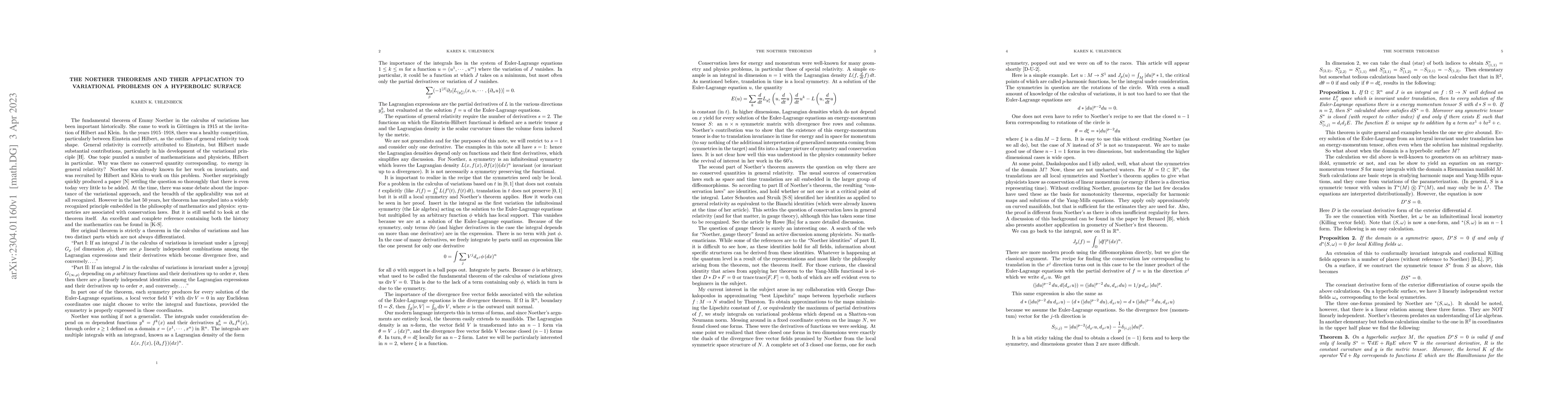 Thumbnail for The Noether Theorems and their Application to Variational Problems on a
  Hyperbolic Surface