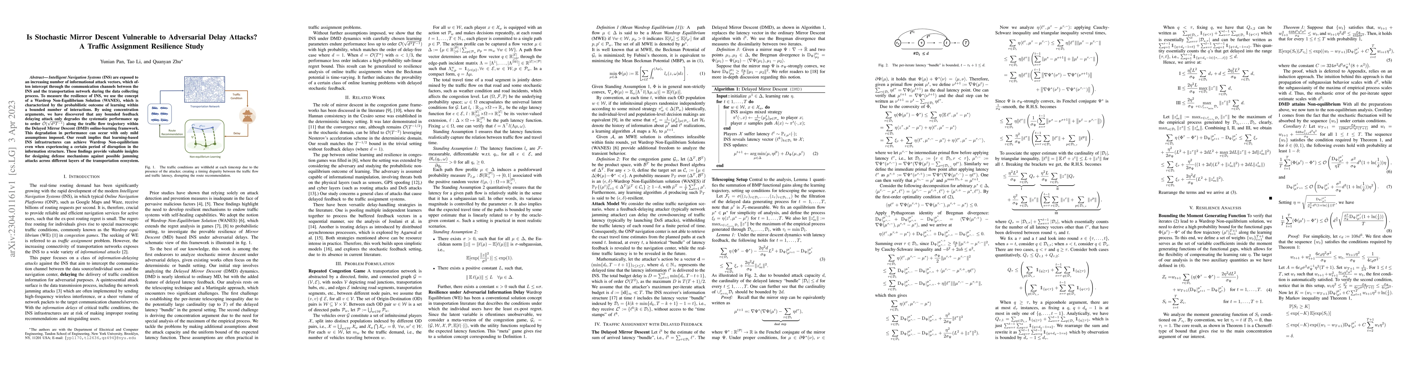 Thumbnail for Is Stochastic Mirror Descent Vulnerable to Adversarial Delay Attacks? A
  Traffic Assignment Resilience Study