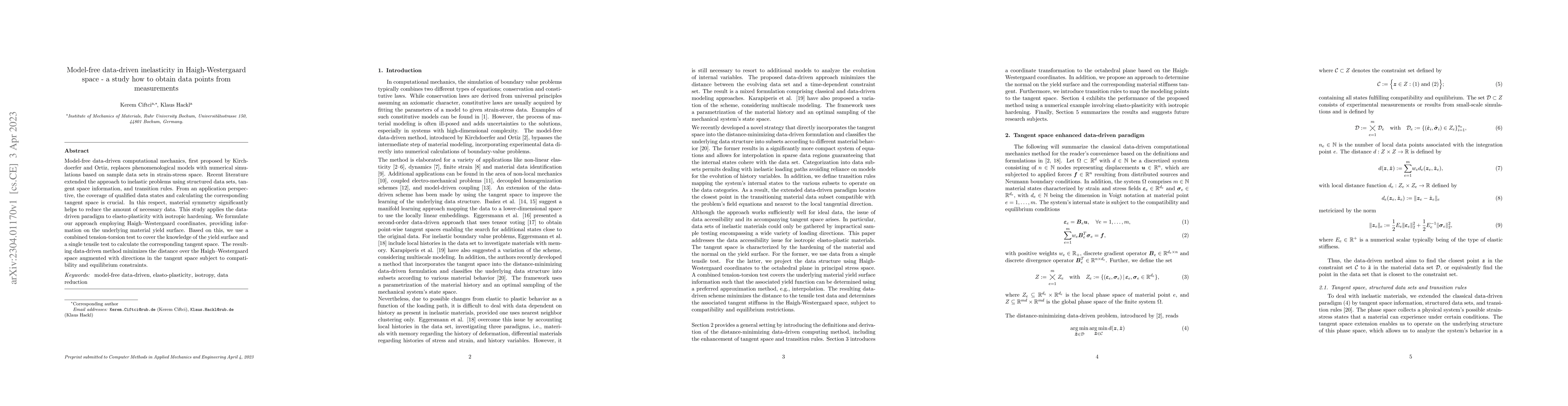 Thumbnail for Model-free data-driven inelasticity in Haigh-Westergaard space -- a
  study how to obtain data points from measurements