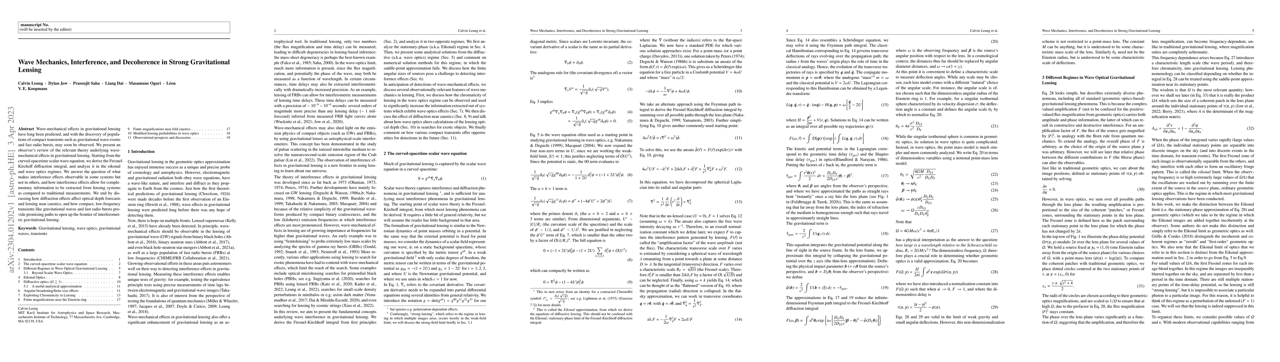 Thumbnail for Wave Mechanics, Interference, and Decoherence in Strong Gravitational
  Lensing